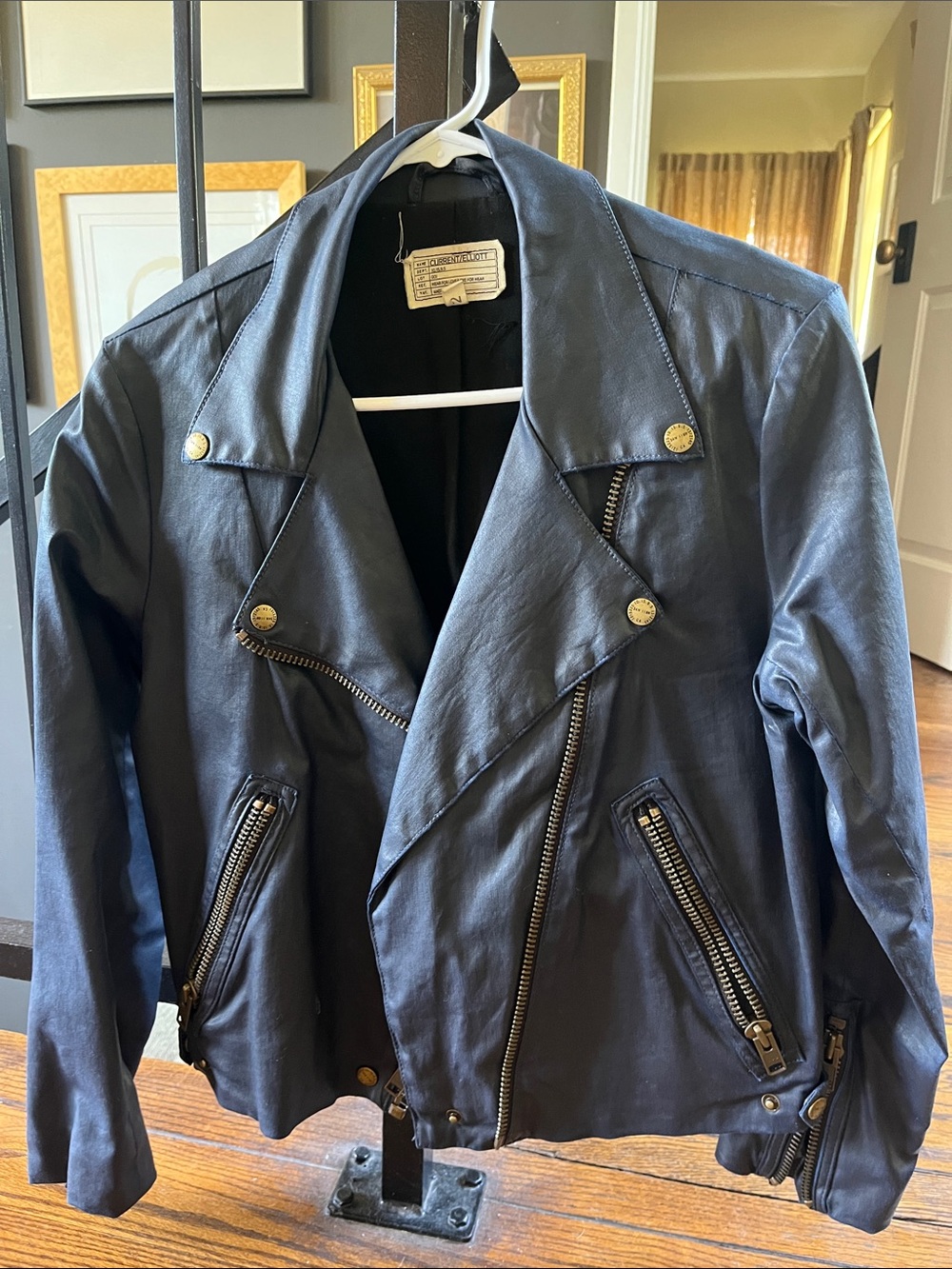 Current/Elliott Dark Blue Leather Moto Jacket with Gold Hardware
